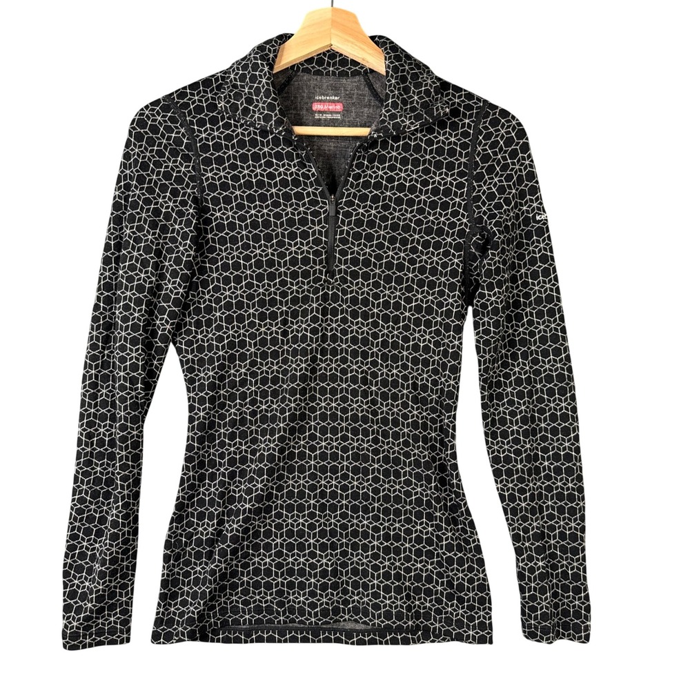Icebreaker 250 Merino Vertex Half Zip Base Layer XS Black Geometric Hexagon